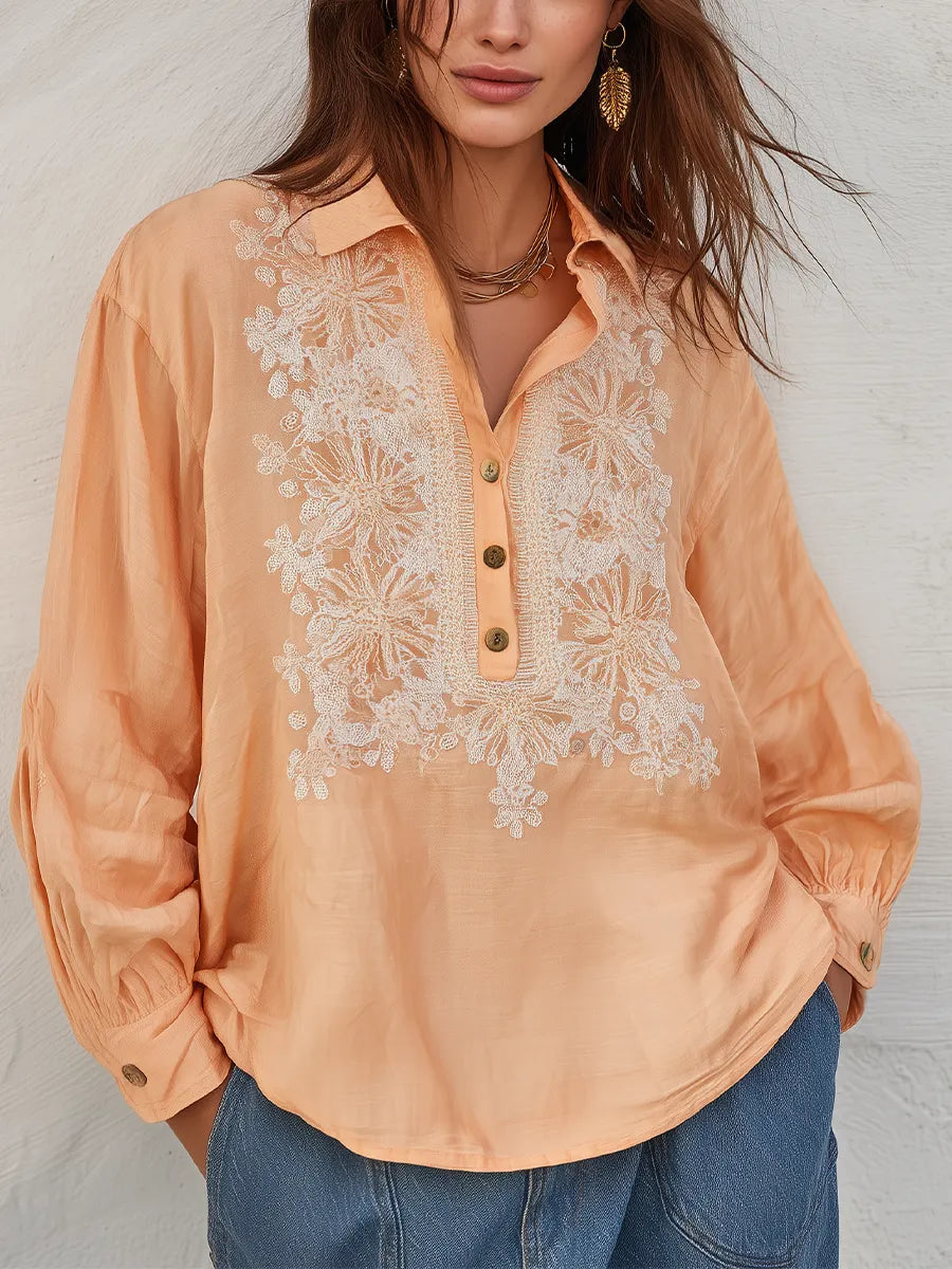 Graceful Apricot Floral Embroidered Blouse