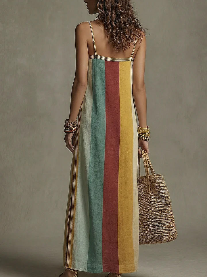 Bohemian-style Striped, Color-block Spaghetti-strap Maxi Dress