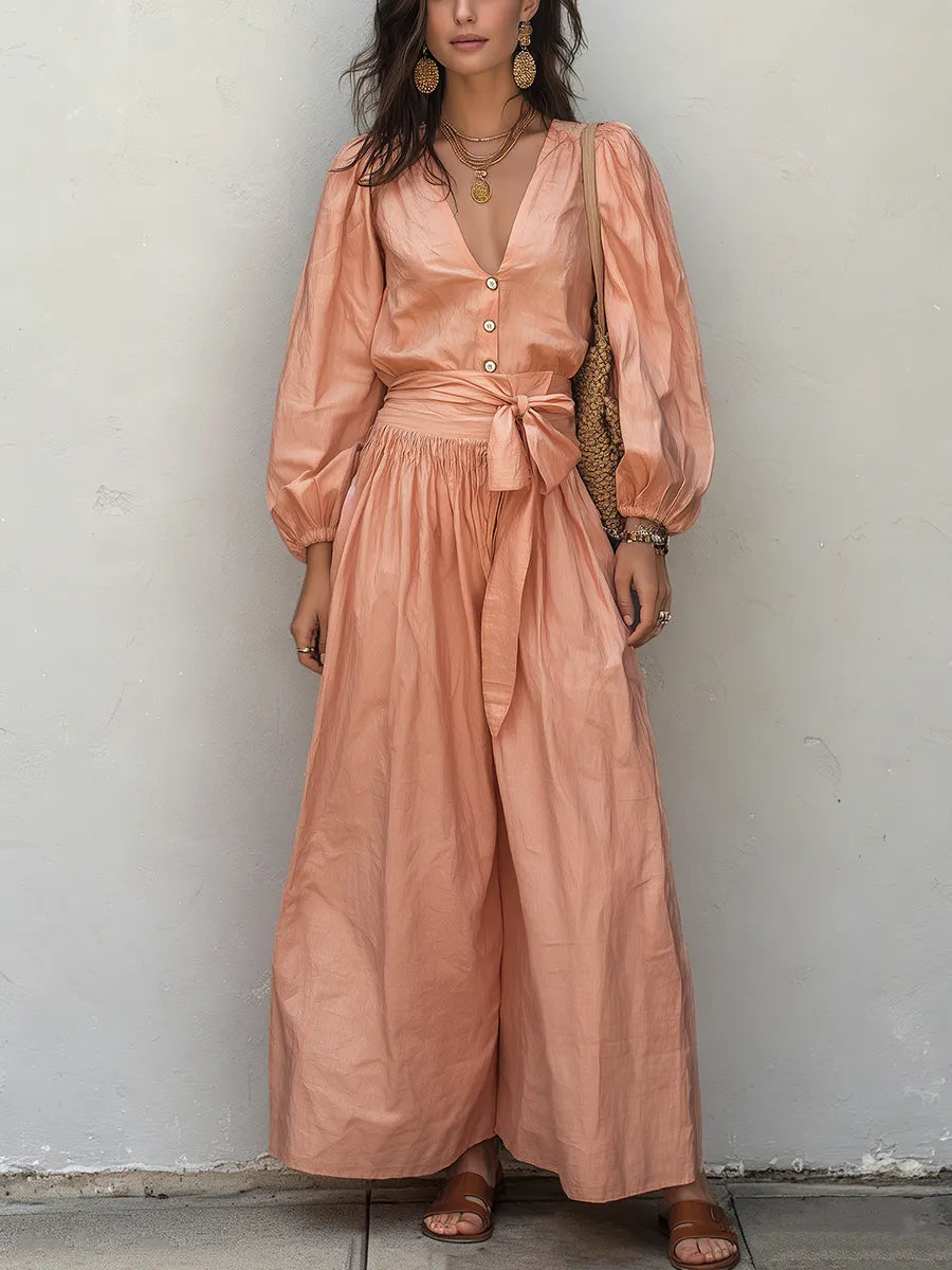 Elegant Blush Tie-Waist Linen Blend Two-Piece Set