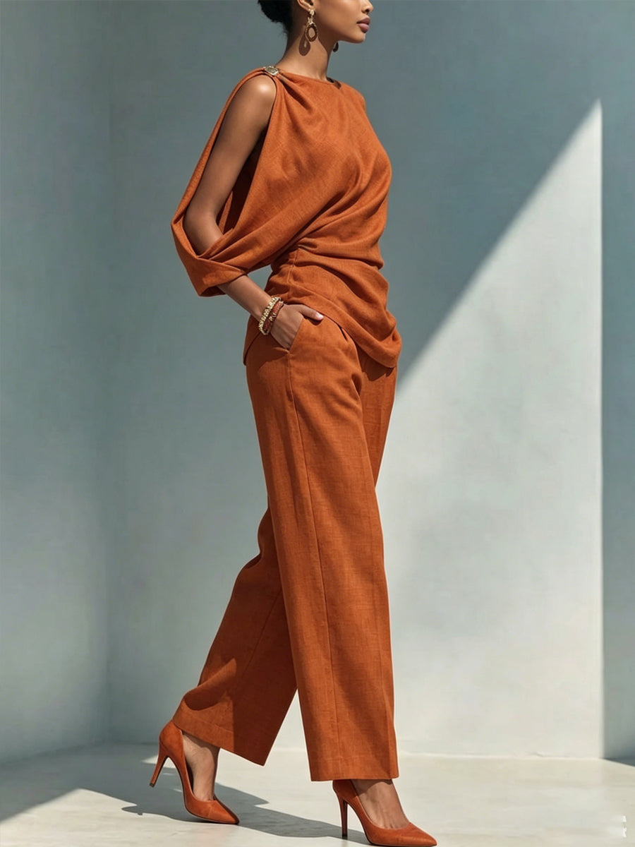 Women's Off-shoulder Irregular Cut Cotton And Linen Set