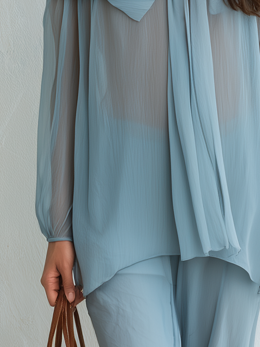 Soft Blue Off-Shoulder Draped Belted Shirt