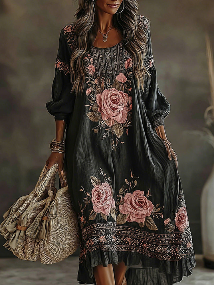 Women's Vintage Floral Art Flowy Linen Blend Casual Long Sleeve Maxi Dress