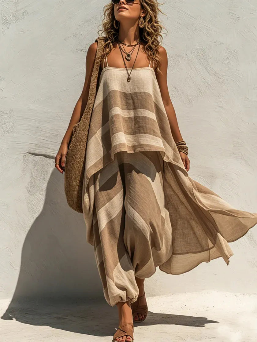 Cozy & Casual Striped Linen-cotton Two-piece Set: Long Spaghetti-strap Top And Lantern Pants