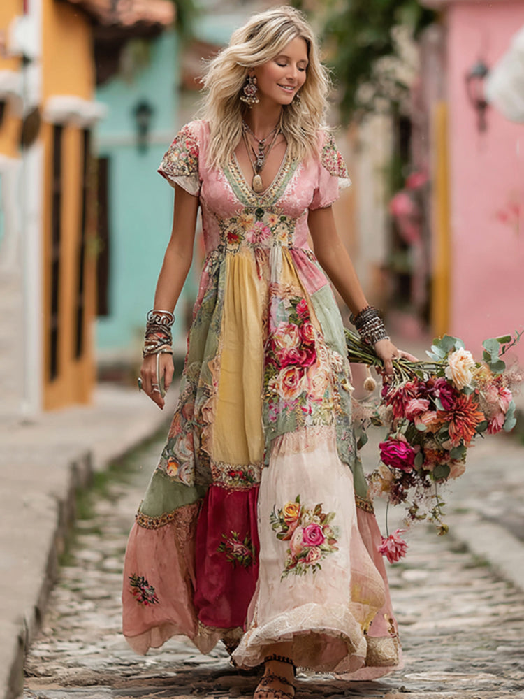 Women's Vintage Patchwork Floral Art V Neck Short Sleeve Maxi Dress