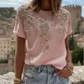 Women's Vintage Pink Flower Embroidery Art Round Neck Short Sleeve Linen Blend T-shirt