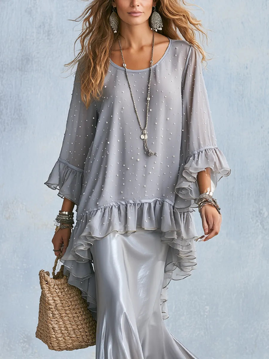 Bohemian Silver Grey Beaded Top And Satin Skirt Set