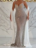 Silver Grid Rhinestone Spaghetti Strap Sheer Mermaid Evening Gown, Sweetheart Neck with Detachable White Chiffon Side Trains