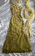 Yellow Green gorgeous exquisite vintage embroidered spaetti strap long ball gown prom dress evening gown