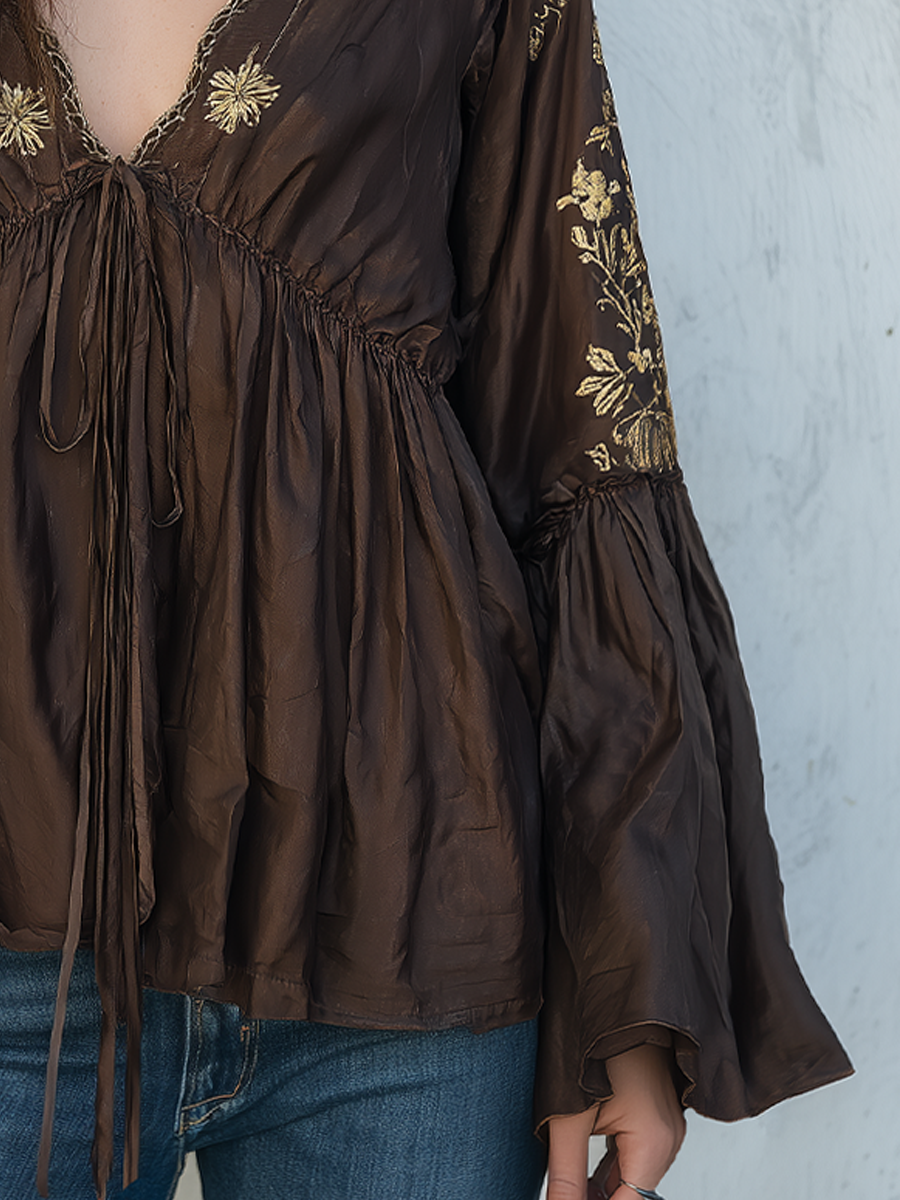 Relaxed Dark Brown Embroidered Tie Front Blouse