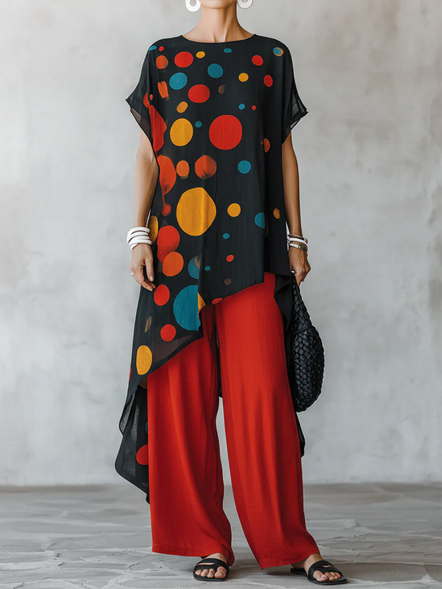 Women's Casual Two-piece Set: Geometric Print Round-neck Short-sleeve Loose Chiffon Top & Solid Color High-waisted Cotton-linen Wide-leg Pants