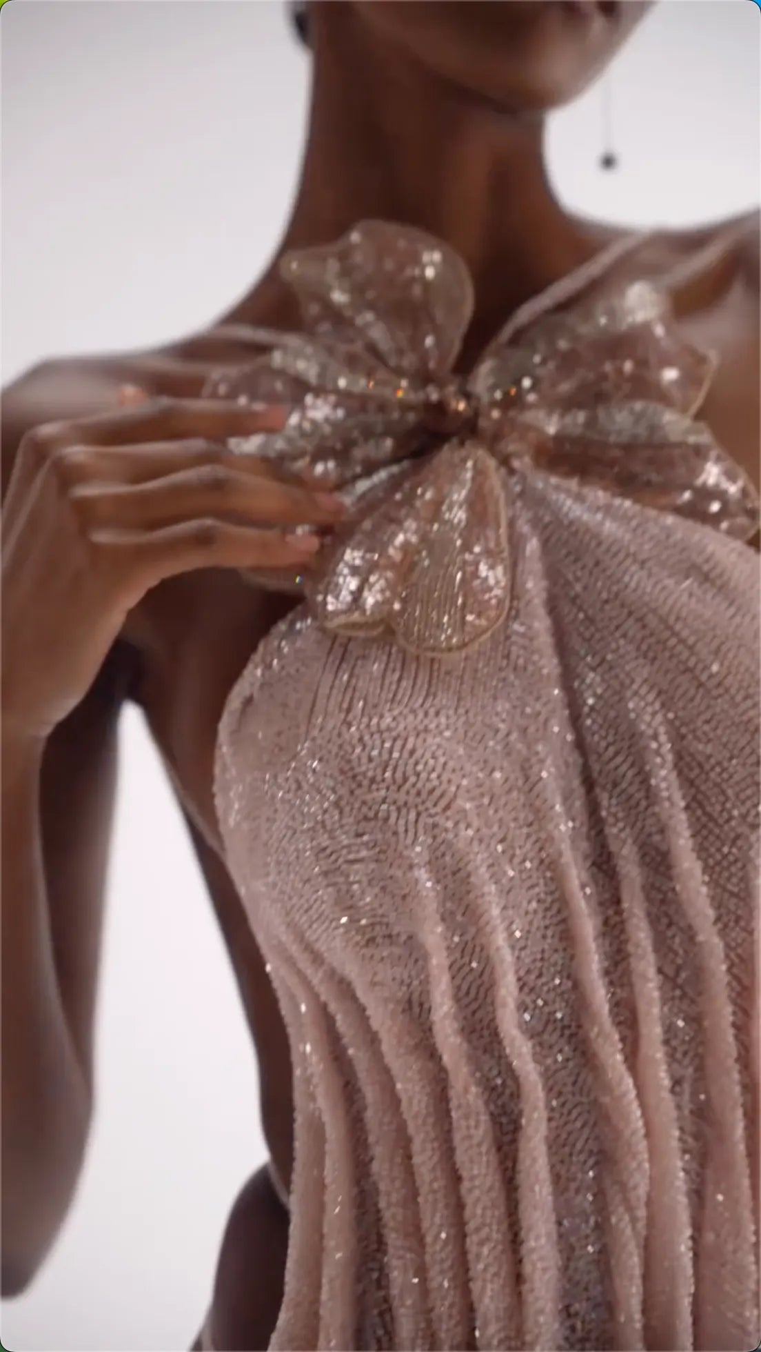 Blush Pink Halter Open Back Fringe Maxi Evening Dress - 3D Floral Beaded Mesh Formal Gown