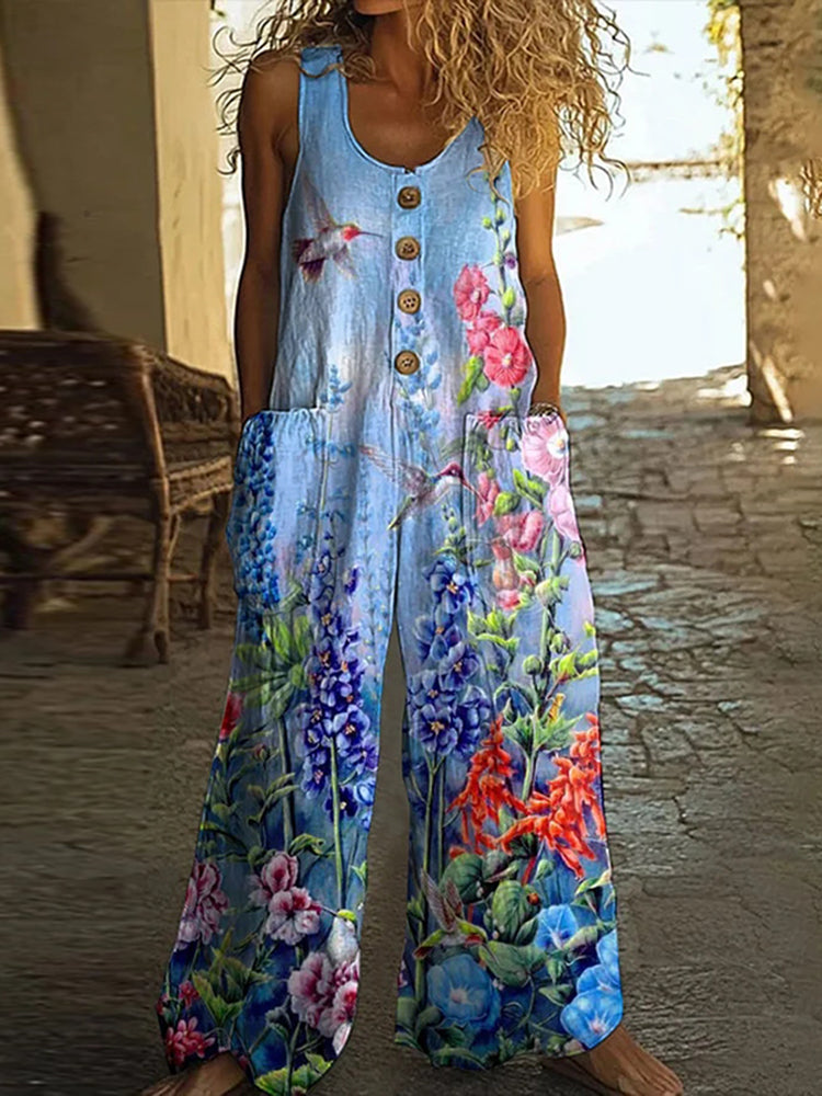 Women's Floral Art Print Wide Leg Casual Jumpsuit