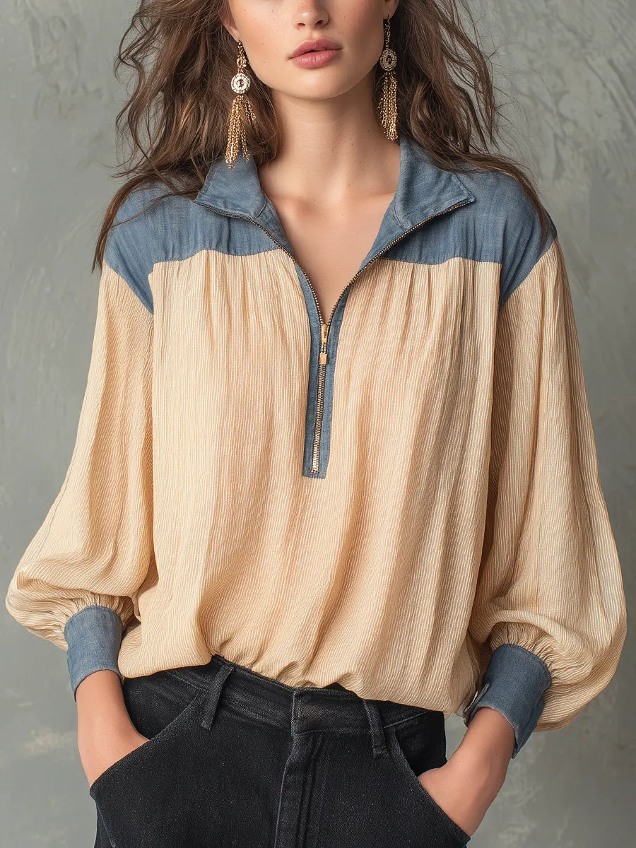Relaxed Cream Blue Colorblock Half-Zip Blouse
