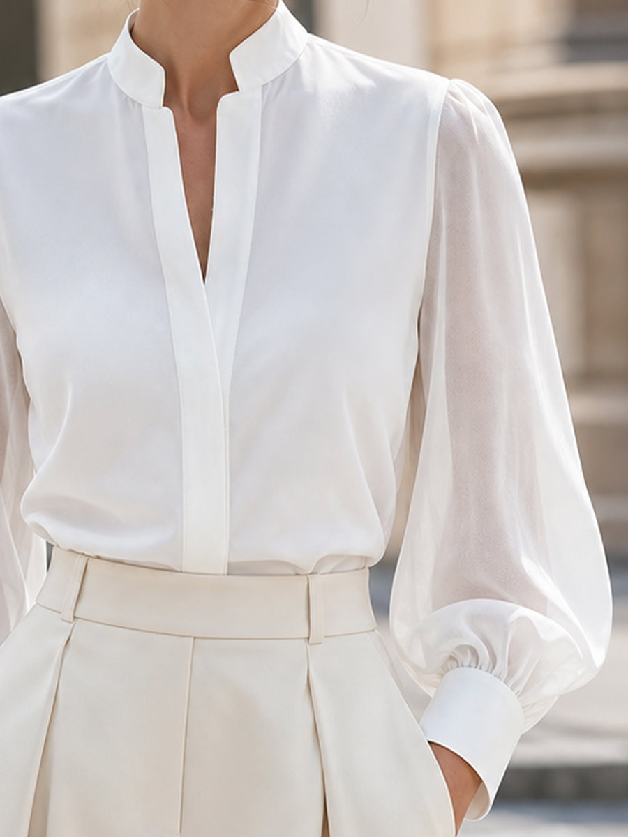 Stand Collar Split V Neck Sheer Lantern Long Sleeve  Blouse