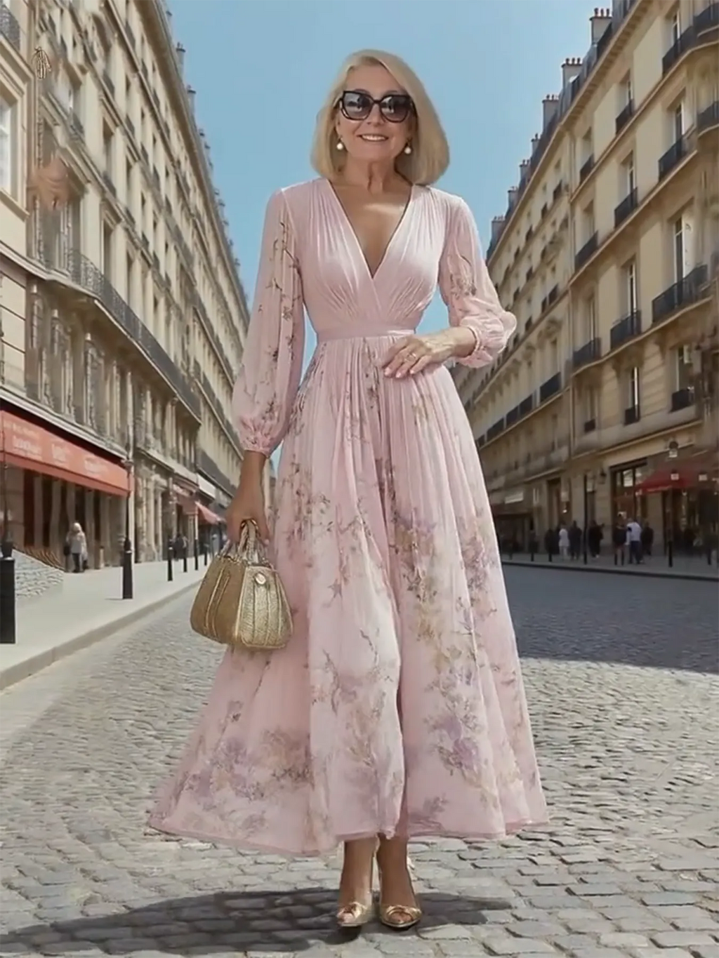 Gala Dress Digital Print V-neck Long Sleeves Pleats, Dress Long Dress