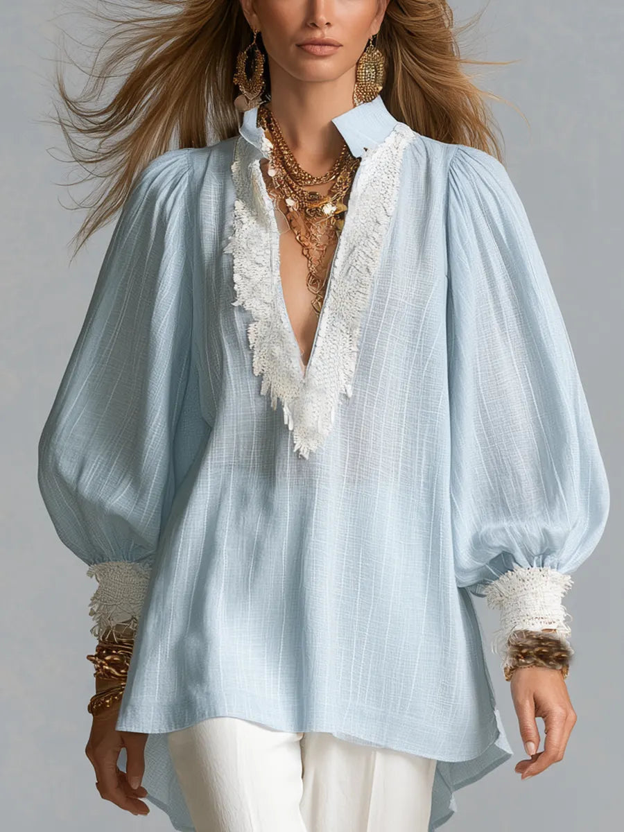 Bohemian Blue Lace-trimmed Shirt