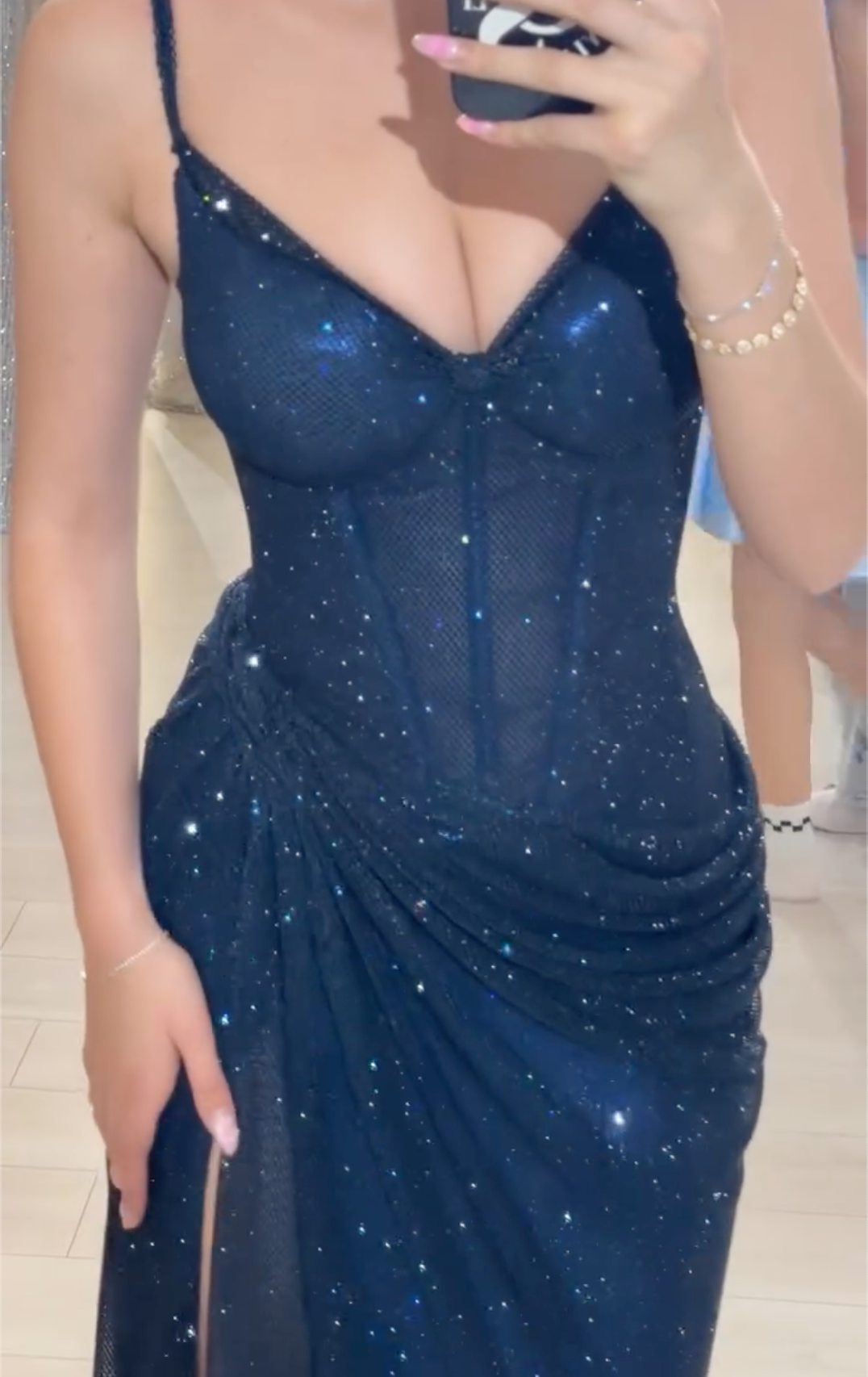 Navy Blue Glitter Spaghetti Strap Maxi Dress with Draped Waist & High Thigh Slit