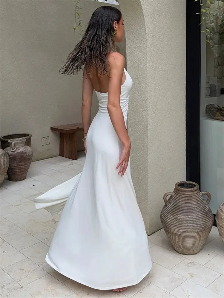 Savina Halterneck Plunge Ruched Maxi Dress – White, Chocolate Brown, Lilac, Silver & Black Summer Occasion Dress
