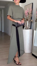 High Neck Short Sleeve Wrap Waist Dress