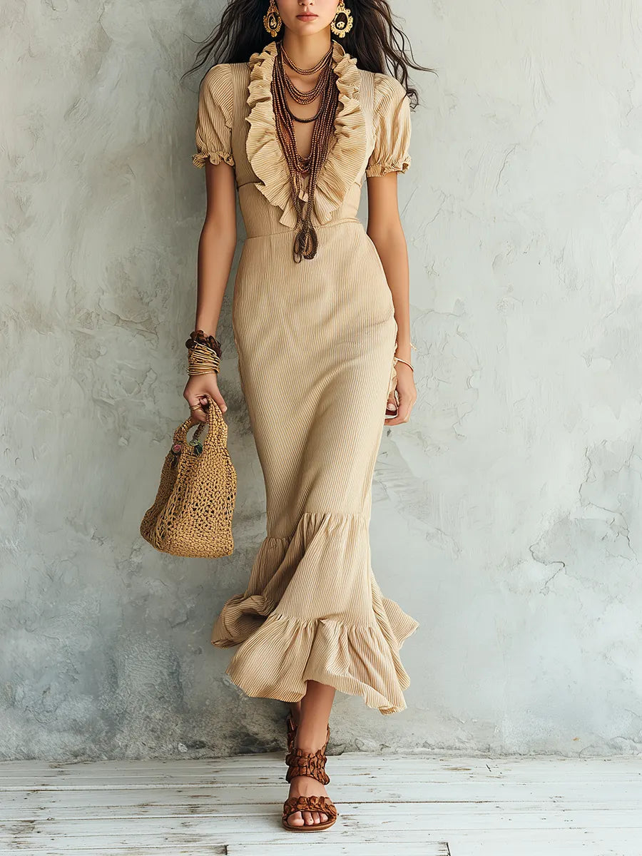 Boho Beige Ruffle V-Neck Puff Sleeve Mermaid Midi Dress