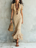 Boho Beige Ruffle V-Neck Puff Sleeve Mermaid Midi Dress