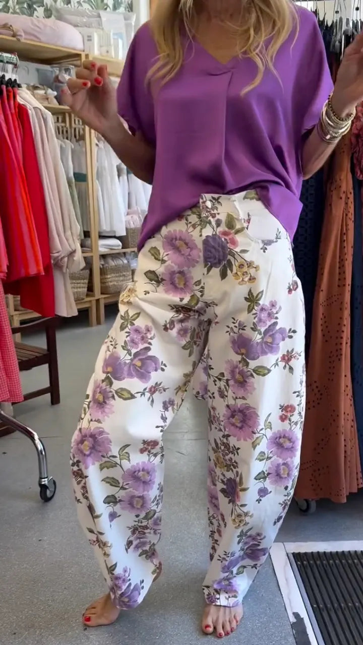 V‑Neck Dolman Sleeve Top & Floral Print Wide Leg Pants  Set