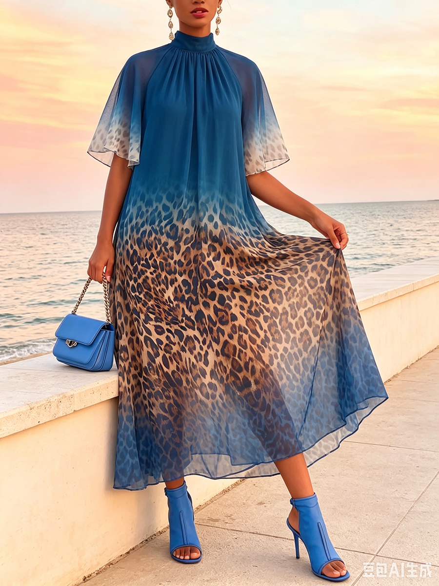 Sexy Blue Vacation Party Dress With Leopard Print