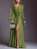 V-Neck Solid Chiffon Maxi Dress