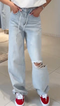 Light Wash Distressed Drawstring Baggy Jeans