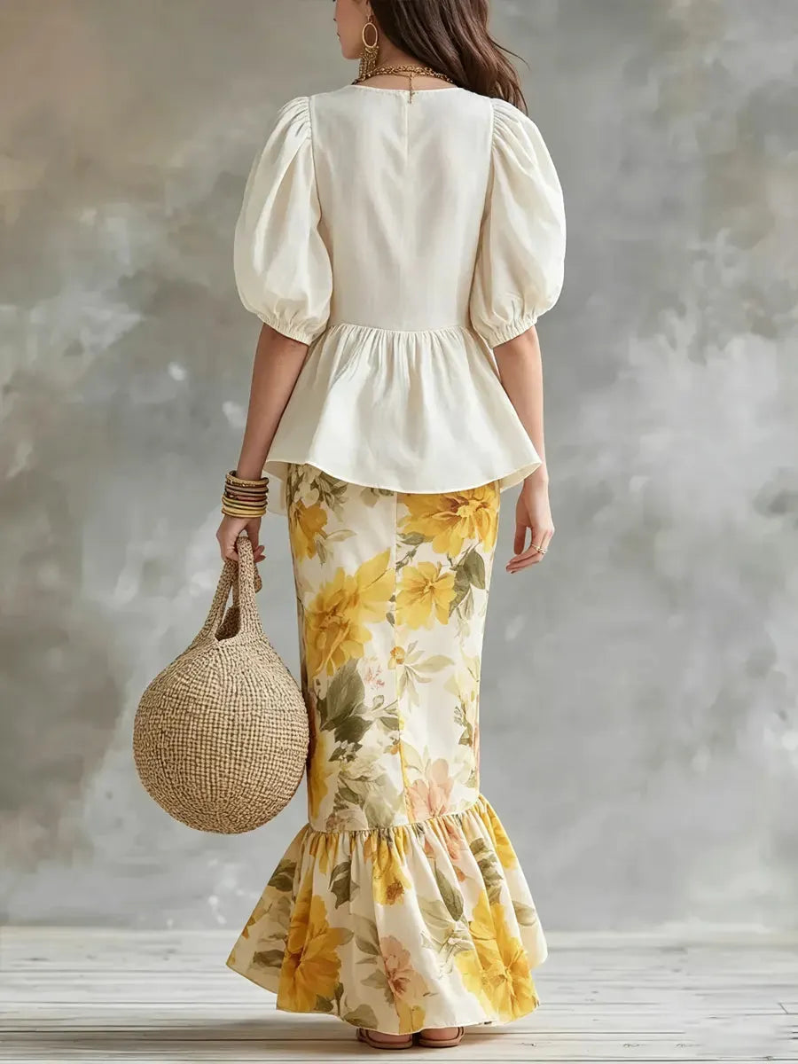 Women's Puff Sleeve Top With Vintage Floral Half-length Skirt Set