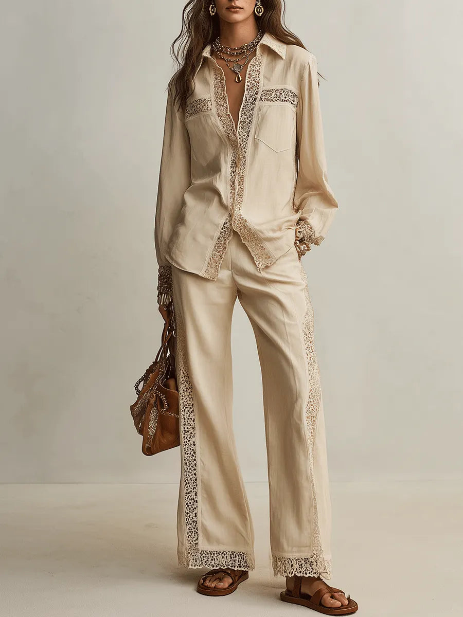 Bohemian Resort Sand Beige Lace-Trim Shirt & Wide-Leg Pants Set