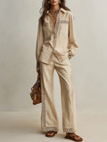 Bohemian Resort Sand Beige Lace-Trim Shirt & Wide-Leg Pants Set