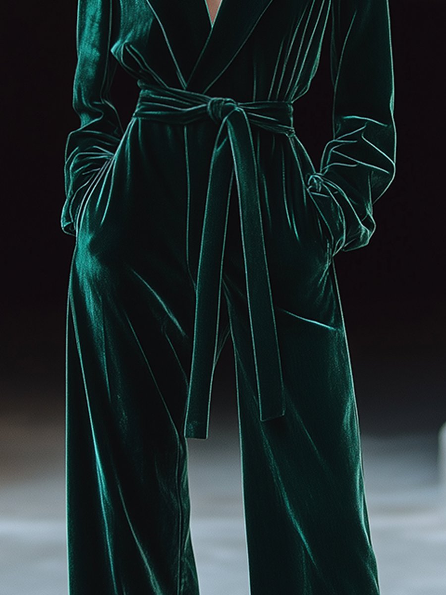 [24-hour shipping out]Retro Fashion Lapel Tie Pocket Velvet Jumpsuit