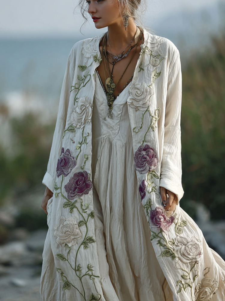 Bohemian Style Plant And Flower Embroidery Printed Women's Cotton And Linen Long Cardigan