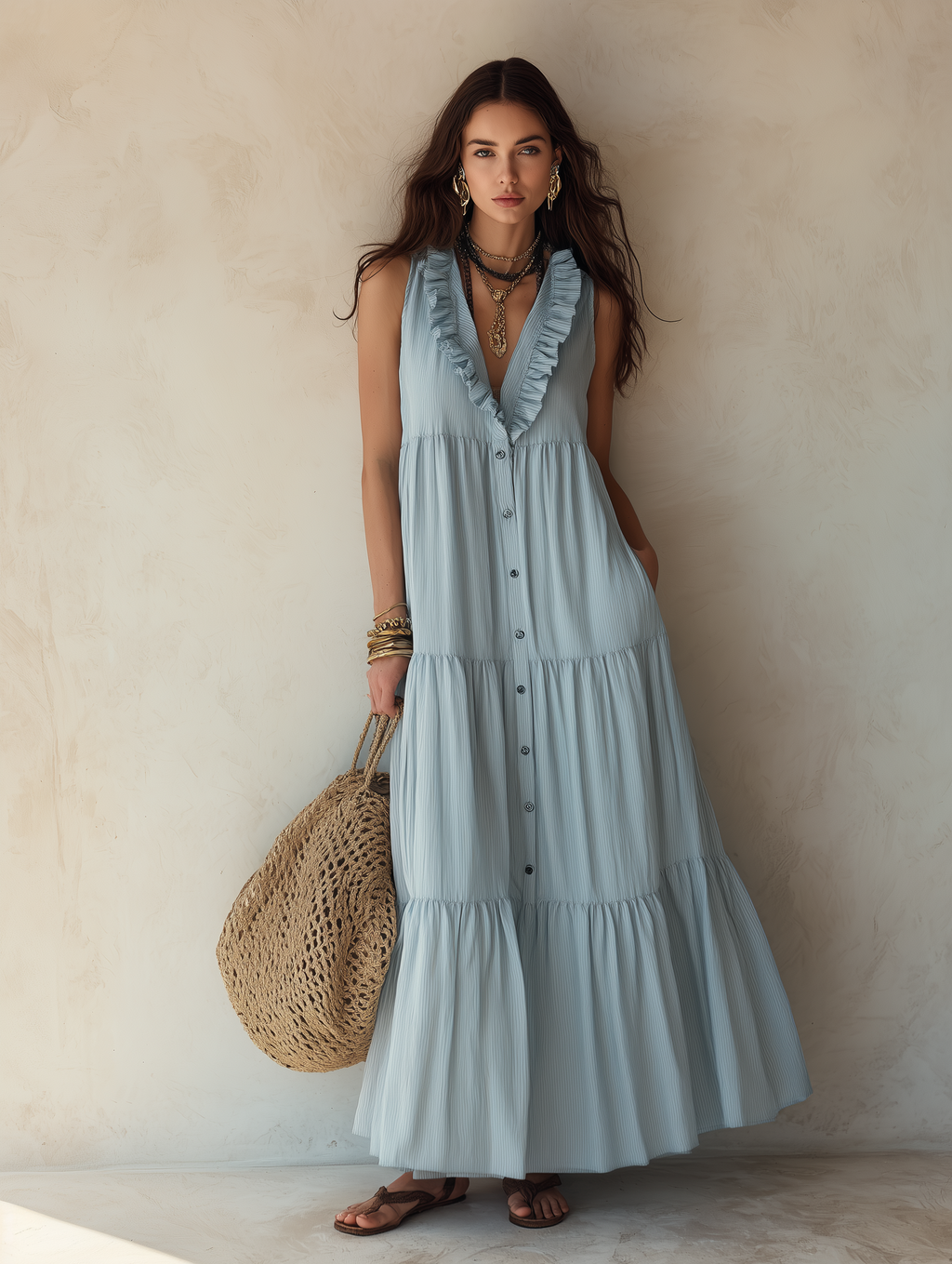 Effortless Boho Cotton-Linen Ruffle-V-Neck Tiered Dusty Blue Maxi Dress