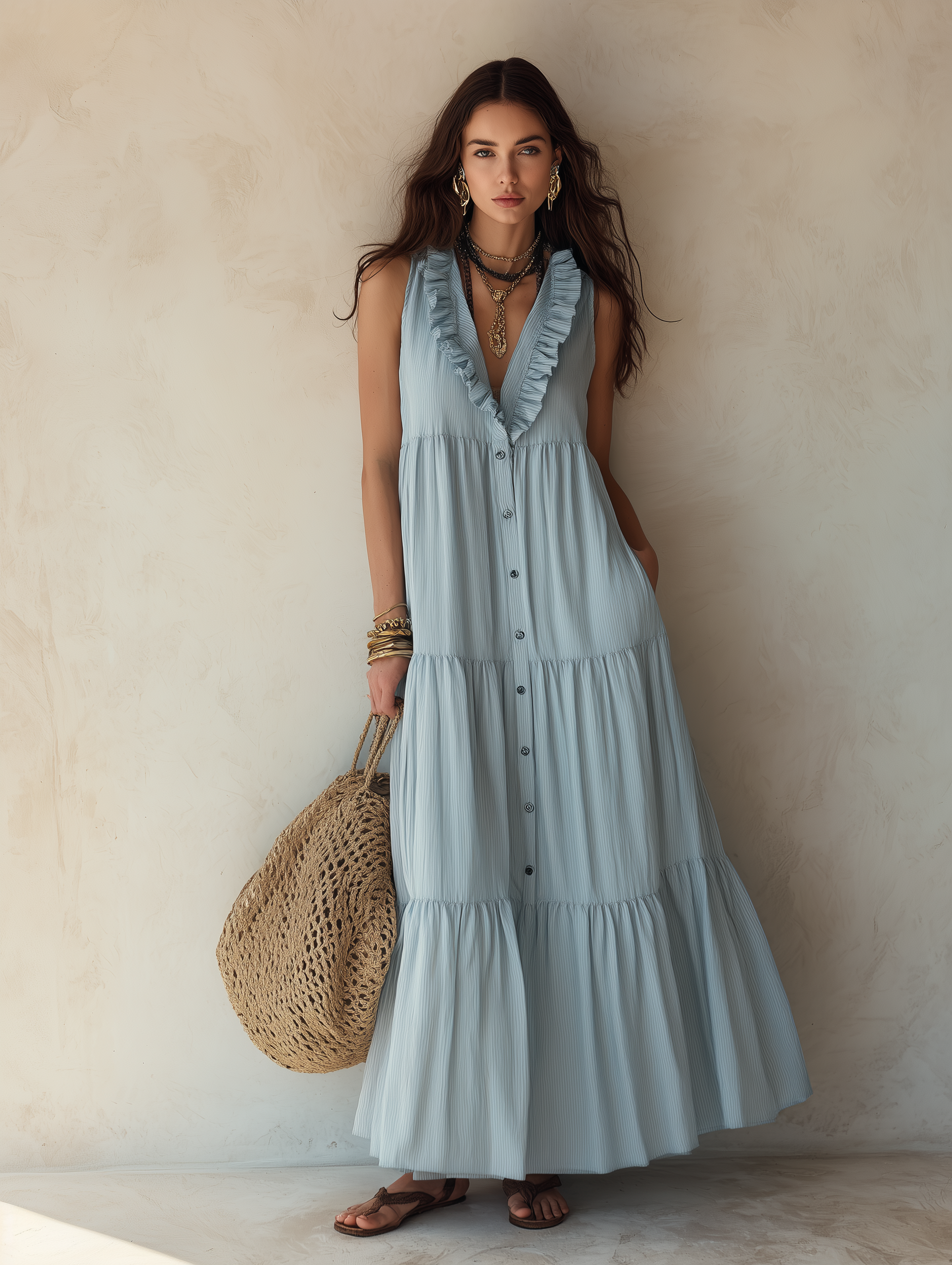 Effortless Boho Cotton-Linen Ruffle-V-Neck Tiered Dusty Blue Maxi Dress