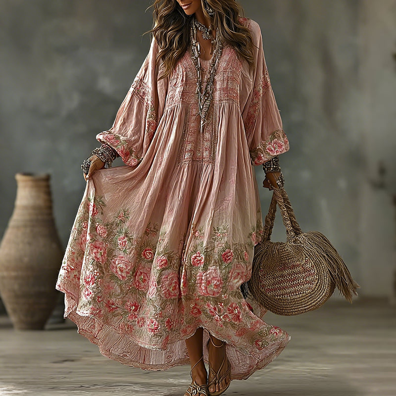 Women's Vintage Vacation Floral Art Flowy Linen Blend Casual Round Neck Long Sleeve Maxi Dress