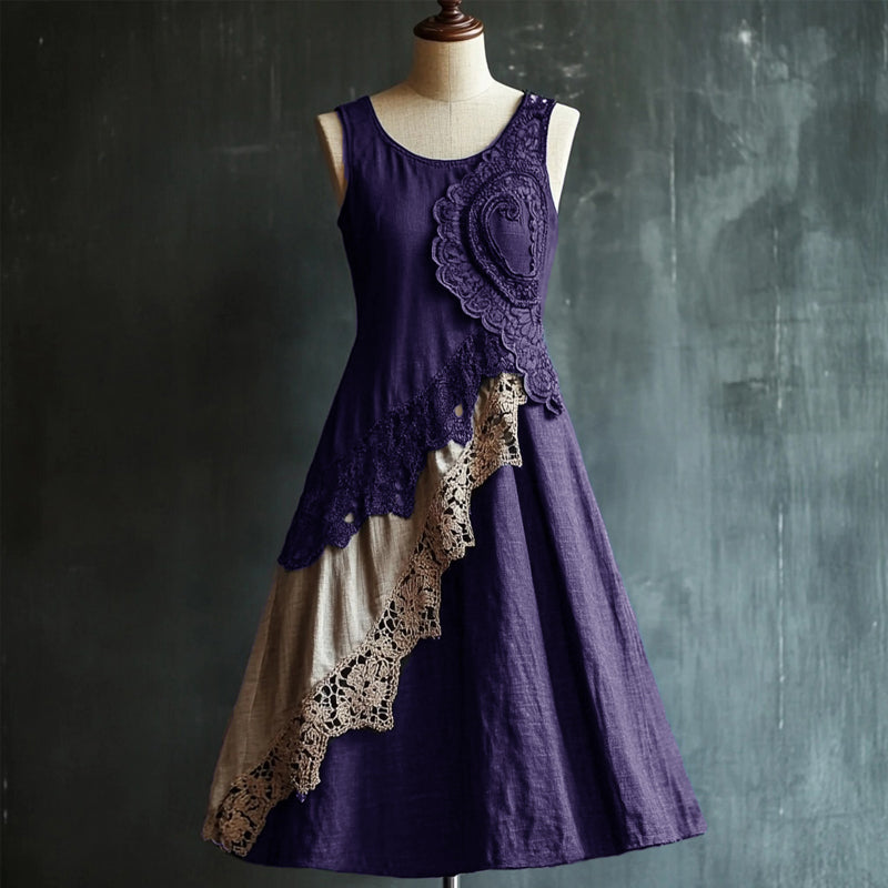 Retro Elegant Lace Patchwork Linen Tank Dress