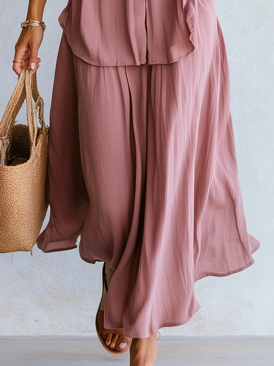 Romantic Dusty Rose Drawstring Waist Blouse Maxi Skirt Set