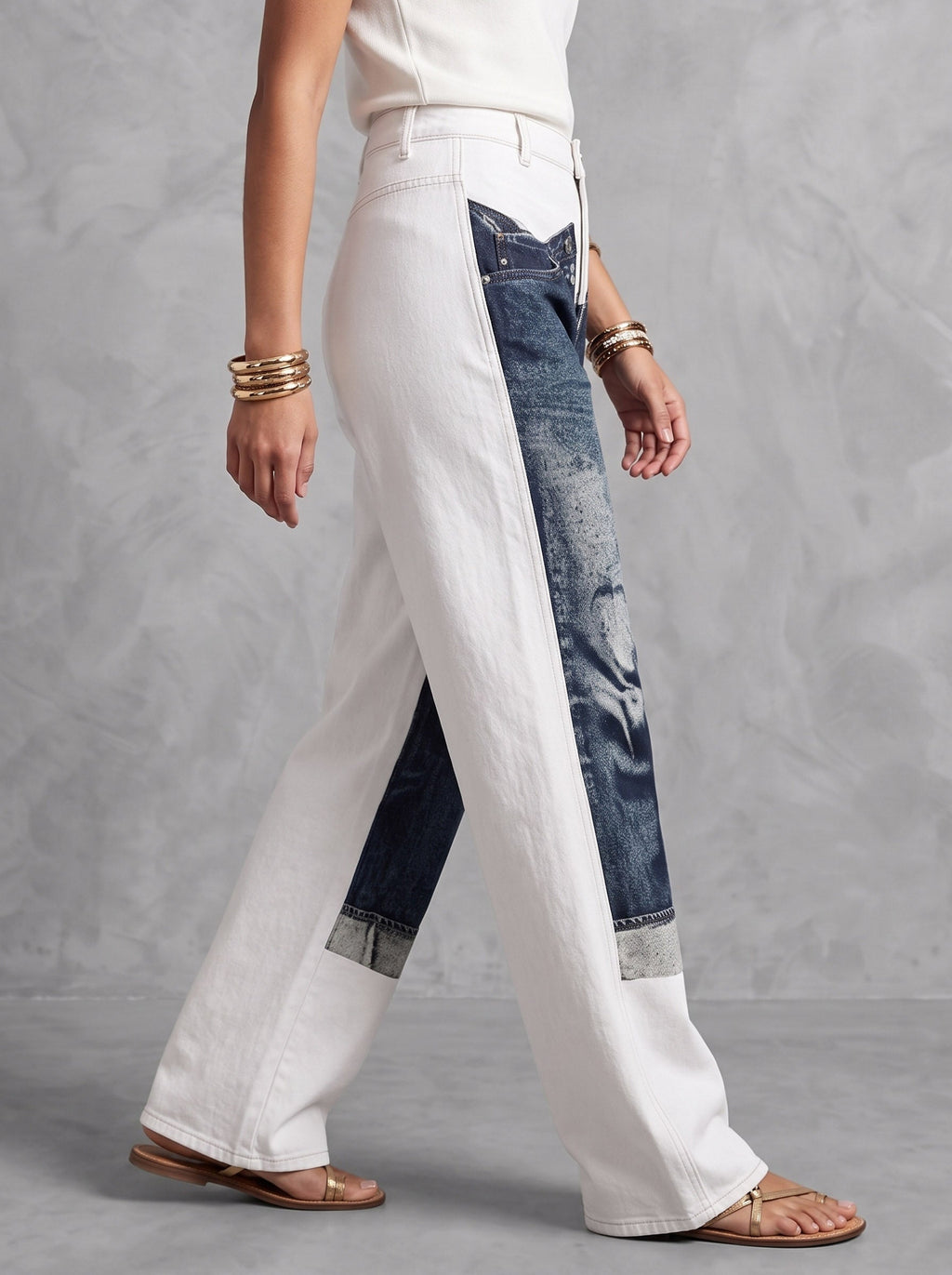 Printed Pockets Contrast Color Buttoned Wide Leg High Waisted Trousers Pants