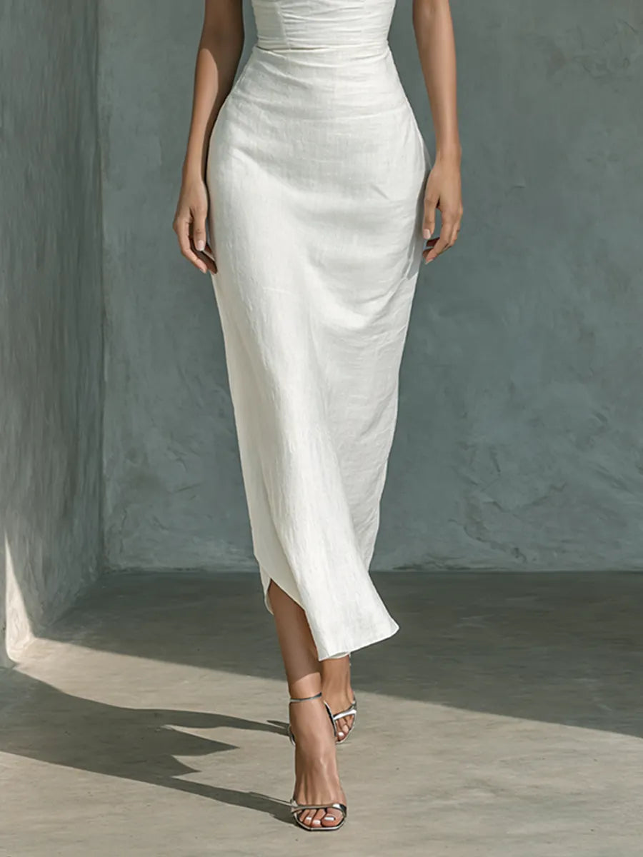 Women's Simple White Cotton And Linen Blend Sleeveless Midi Dress MDZ1204A3BA