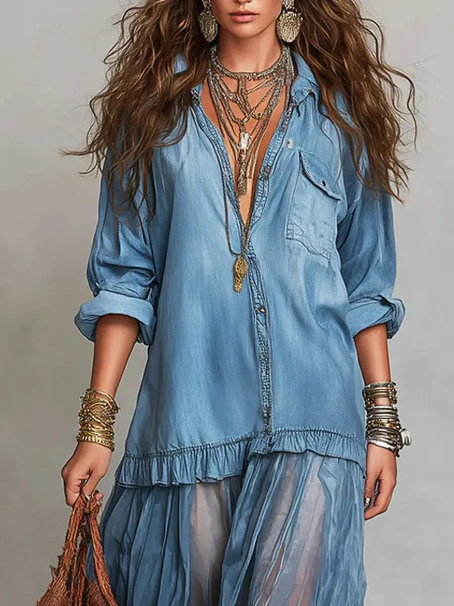 Women's Retro Lapel Denim Organza Patchwork Art Casual Maxi Dress