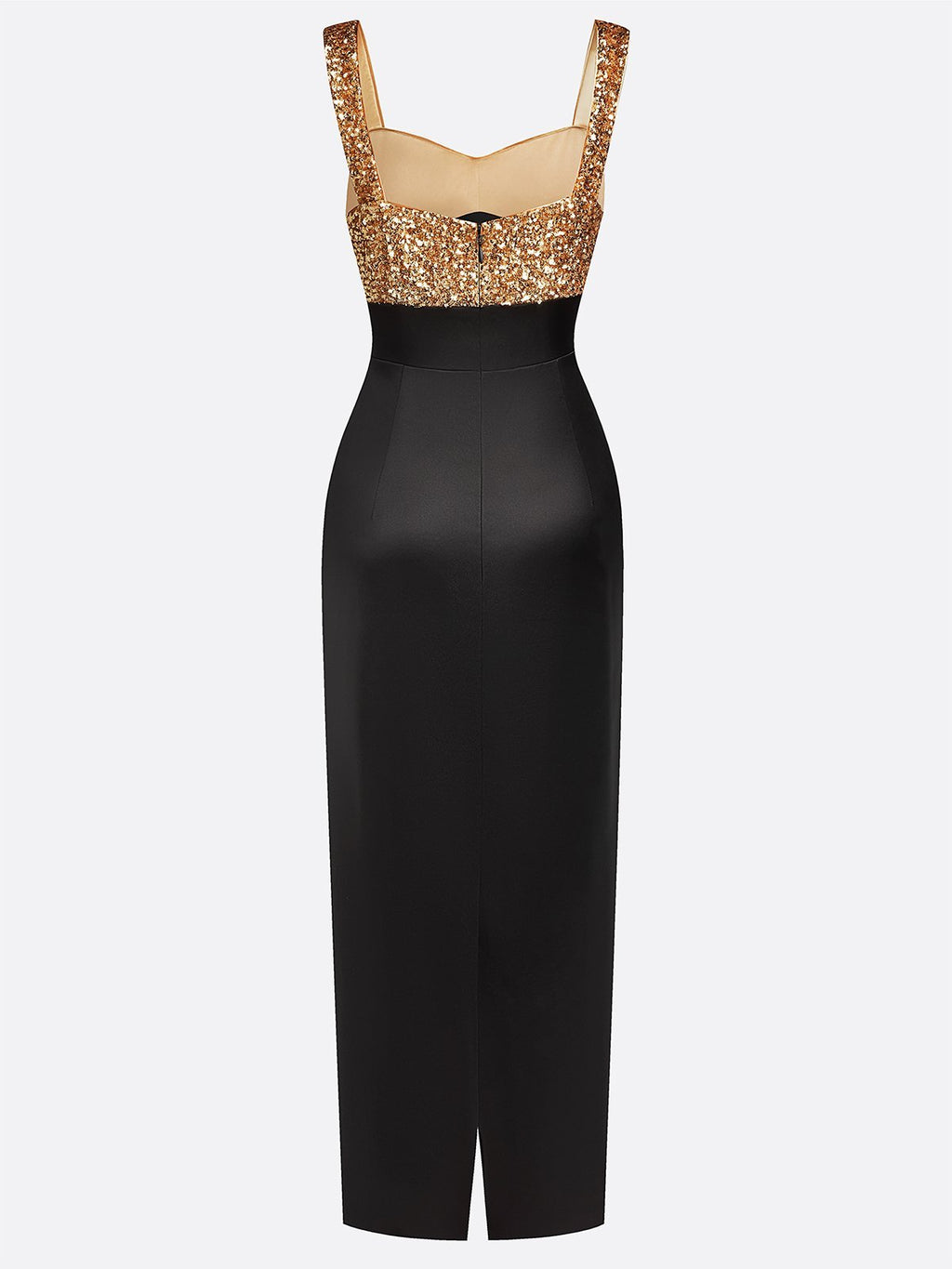 Black Gold Sequin Glitter Satin Spaghetti Gallus Sheath Maxi Dress