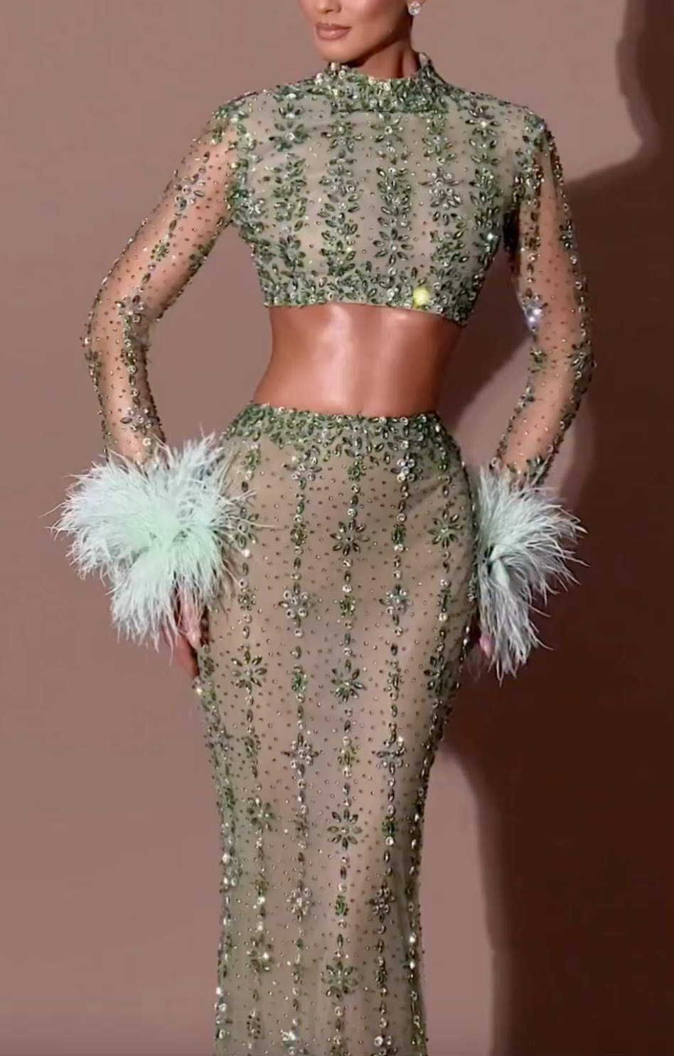 Mint Green Beaded Sheer Two-Piece Set with Feather Cuffs & Crystal Embellishments
