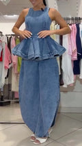 Women's Denim Two-Piece Set: Sleeveless Peplum Top & Slit Trousers