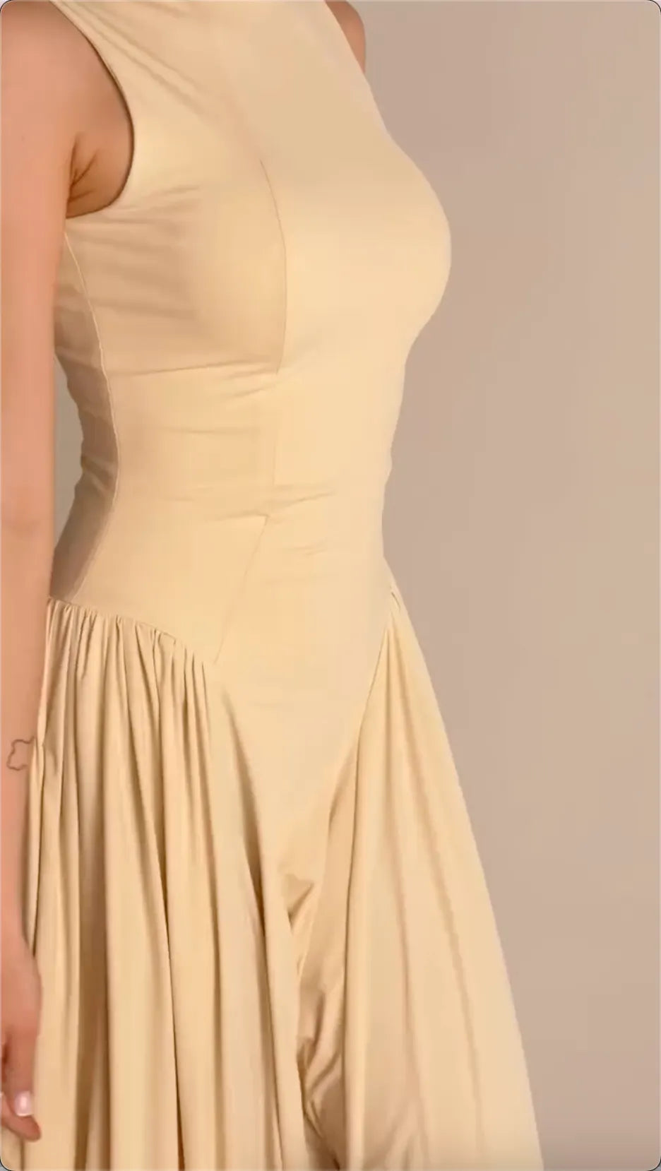 Beige Sleeveless Mock Neck Maxi Dress, Bodycon Seam Flared Swing Long Dress