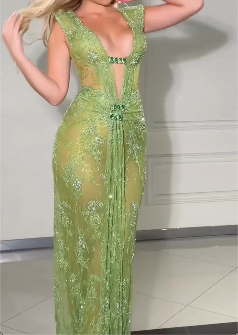 Cap Sleeve Deep Plunge Cutout Green Lace Rhinestone Mermaid Evening Gown, Ruched Waist Sheer Formal Maxi Dress