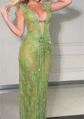 Cap Sleeve Deep Plunge Cutout Green Lace Rhinestone Mermaid Evening Gown, Ruched Waist Sheer Formal Maxi Dress