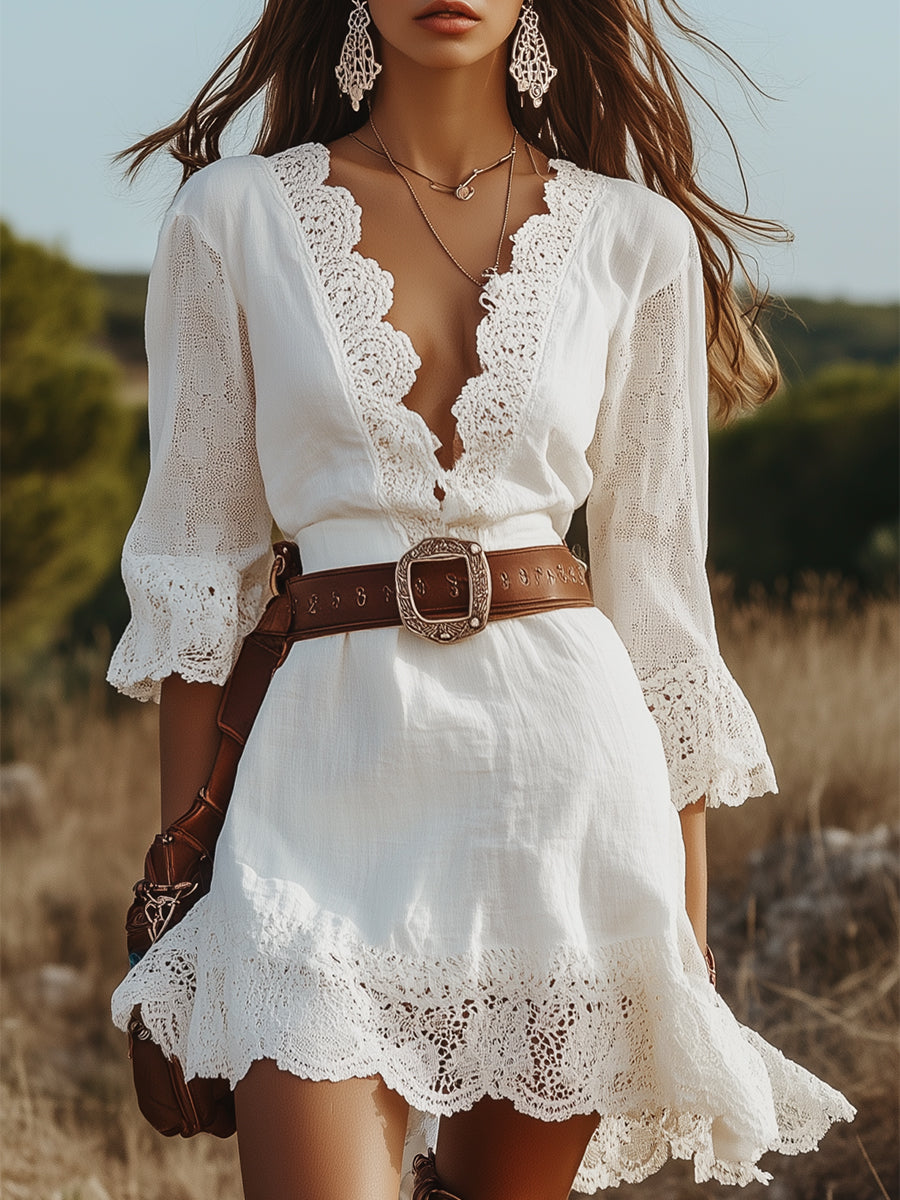 [24-hour shipping out]Women's White Linen V-neck Lace Hem Stitching Lace Mid-length Sleeve Dress