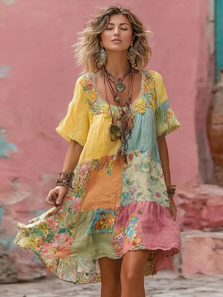 Women's Flower Embroidery Macaron Patchwork Art Crew Neck Linen Blend Midi Dress